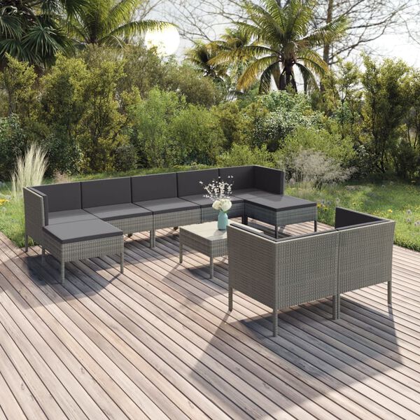 vidaXL 10 Piece Garden Lounge Set with Cushions Poly Rattan Grey