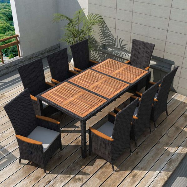 vidaXL 9 Piece Outdoor Dining Set Poly Rattan Acacia Wood Black
