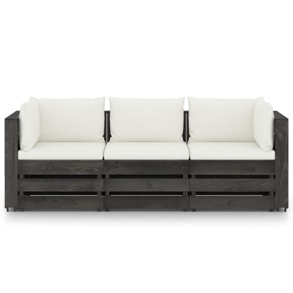 vidaXL 3-Seater Garden Sofa with Cushions Grey Impregnated Wood