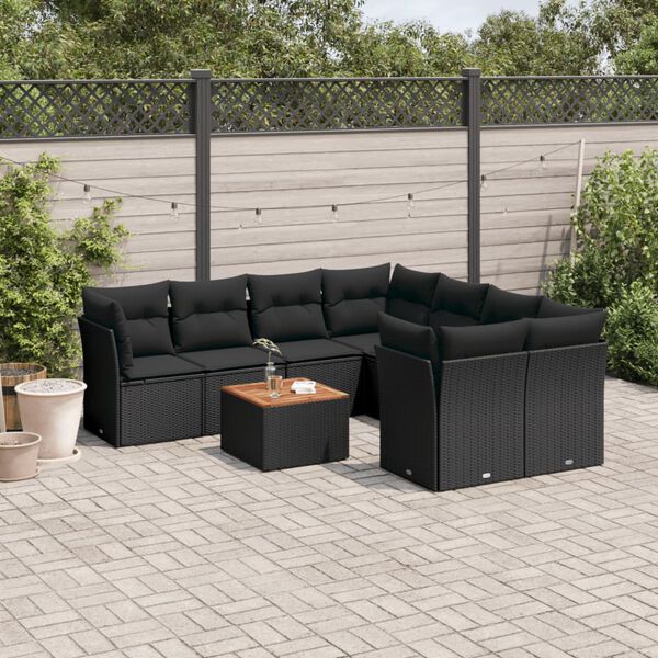 vidaXL 9 Piece Garden Sofa Set with Cushions Black Poly Rattan