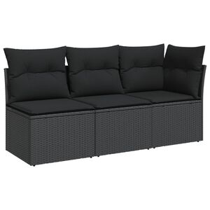 vidaXL Garden Sofa with Cushions 3-Seater Black Poly Rattan