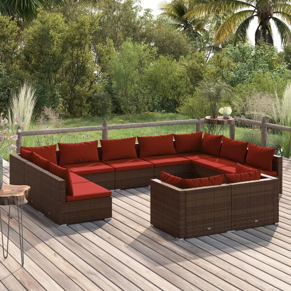 vidaXL 11 Piece Garden Lounge Set with Cushions Brown Poly Rattan