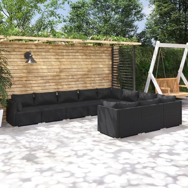 vidaXL 10 Piece Garden Lounge Set with Cushions Poly Rattan Black
