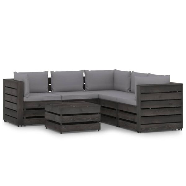 vidaXL 6 Piece Garden Lounge Set with Cushions Grey Impregnated Wood