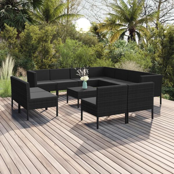 vidaXL 12 Piece Garden Lounge Set with Cushions Poly Rattan Black