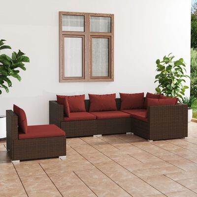 vidaXL 5 Piece Garden Lounge Set with Cushions Poly Rattan Brown