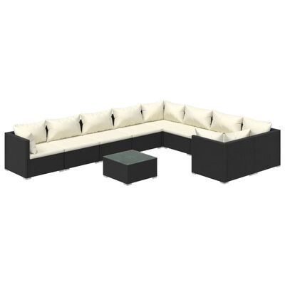 vidaXL 10 Piece Garden Lounge Set with Cushions Poly Rattan Black