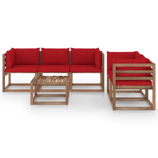 vidaXL 6 Piece Garden Lounge Set with Red Cushions