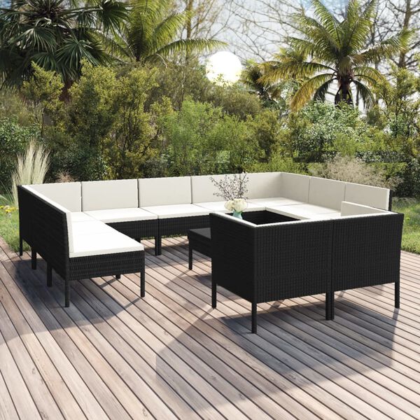 vidaXL 12 Piece Garden Lounge Set with Cushions Poly Rattan Black