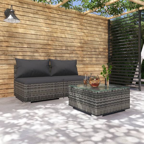 vidaXL 3 Piece Garden Lounge Set with Cushions Poly Rattan Grey