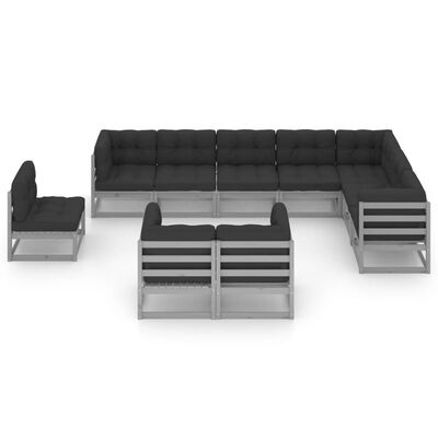 vidaXL 10 Piece Garden Lounge Set with Cushions Grey Solid Pinewood