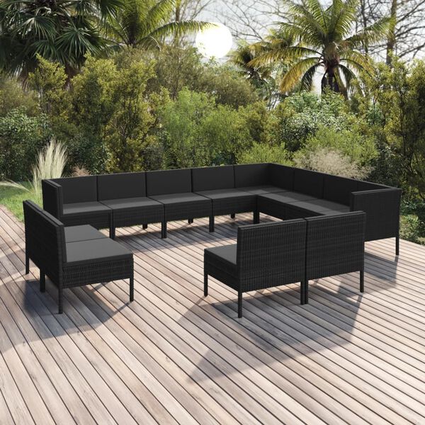 vidaXL 12 Piece Garden Lounge Set with Cushions Poly Rattan Black