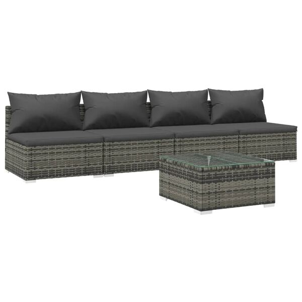 vidaXL 5 Piece Garden Lounge Set with Cushions Poly Rattan Grey