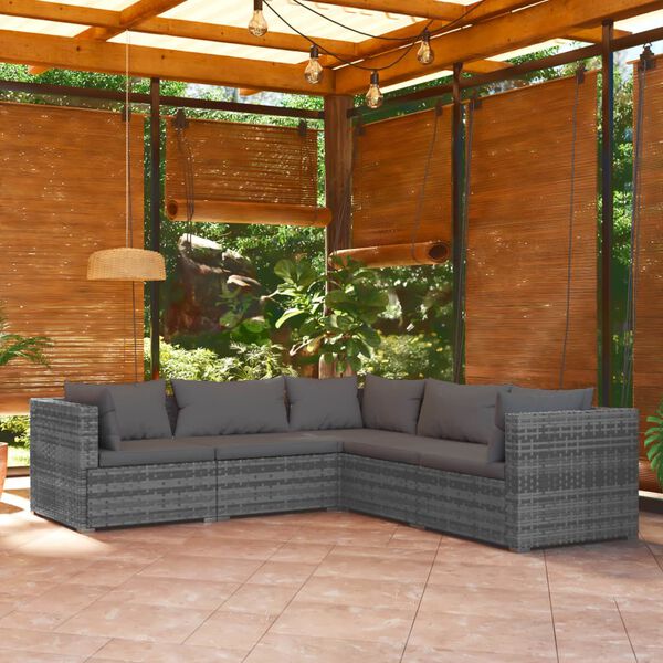 vidaXL 5 Piece Garden Lounge Set with Cushions Poly Rattan Grey