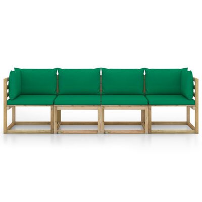 vidaXL 4-Seater Garden Sofa with Green Cushions