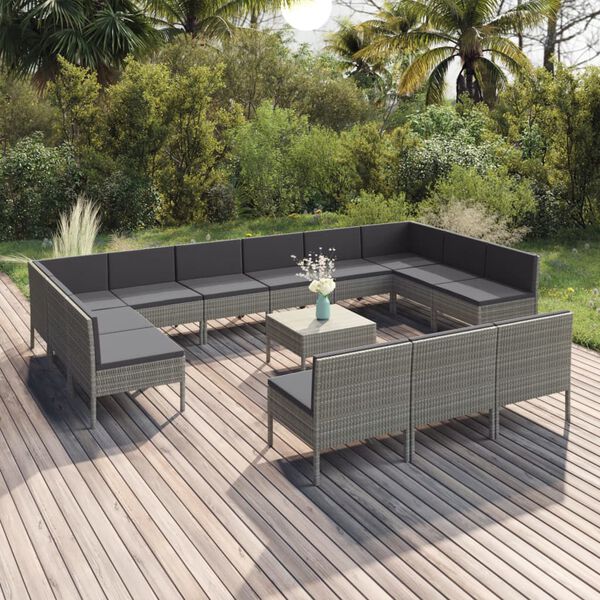 vidaXL 14 Piece Garden Lounge Set with Cushions Poly Rattan Grey