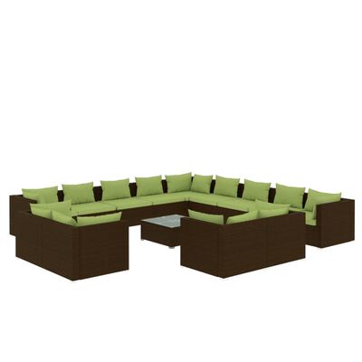 vidaXL 14 Piece Garden Lounge Set with Cushions Brown Poly Rattan