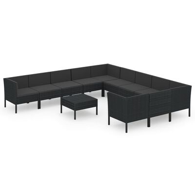 vidaXL 12 Piece Garden Lounge Set with Cushions Poly Rattan Black