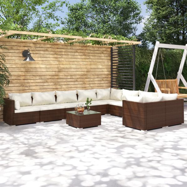 vidaXL 10 Piece Garden Lounge Set with Cushions Poly Rattan Brown