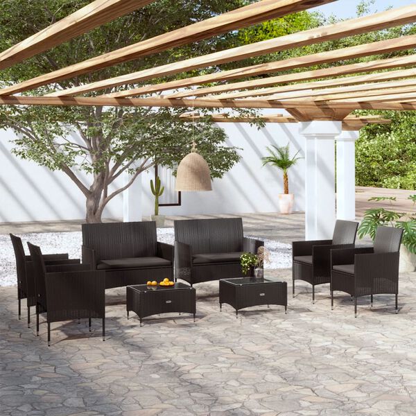 vidaXL 8 Piece Garden Lounge Set with Cushions Poly Rattan Black