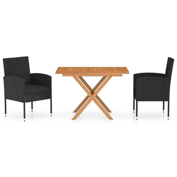 vidaXL 3 Piece Garden Dining Set Poly Rattan & Solid Acacia Wood Black