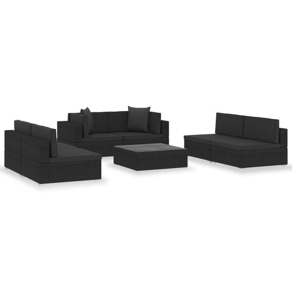 vidaXL 7 Piece Garden Lounge Set Black with Cushions Poly Rattan