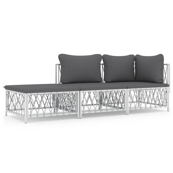 vidaXL 3 Piece Garden Lounge Set with Cushions White Steel