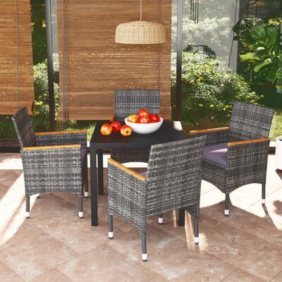 vidaXL 5 Piece Garden Dining Set with Cushions Poly Rattan Grey