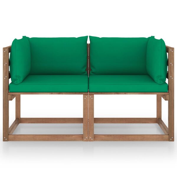 vidaXL Garden 2-Seater Pallet Sofa with Green Cushions Pinewood