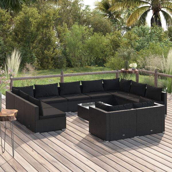 vidaXL 12 Piece Garden Lounge Set with Cushions Black Poly Rattan