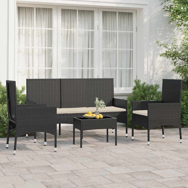 vidaXL 4 Piece Garden Lounge Set with Cushions Black Poly Rattan