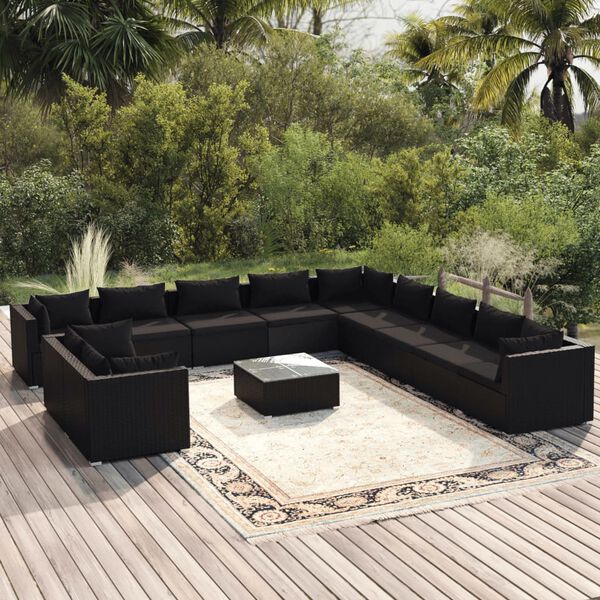 vidaXL 12 Piece Garden Lounge Set with Cushions Black Poly Rattan