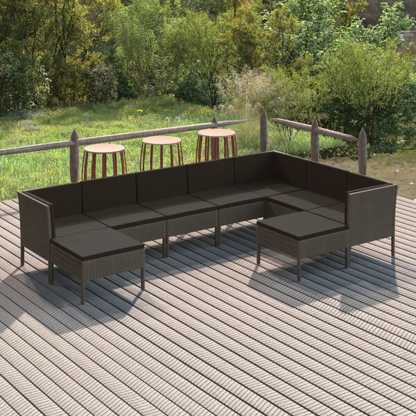 vidaXL 9 Piece Garden Lounge Set with Cushions Poly Rattan Grey