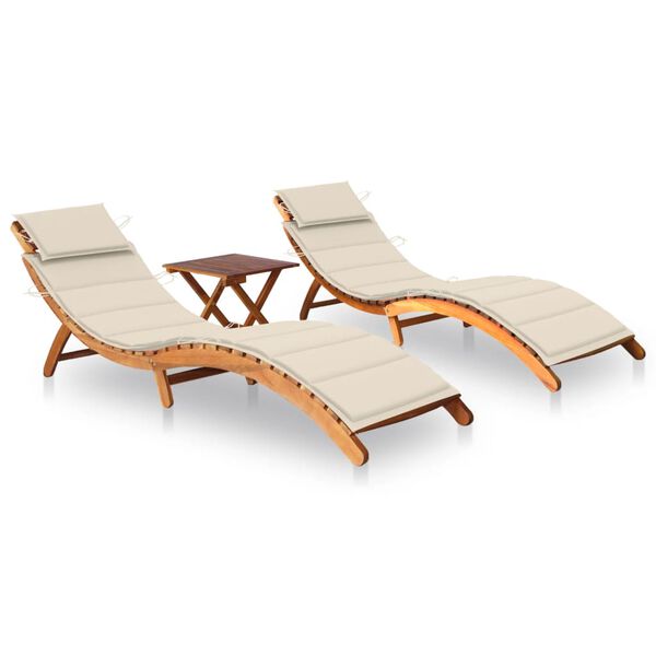 vidaXL Sun Loungers 2 pcs with Table and Cushions Solid Wood Acacia