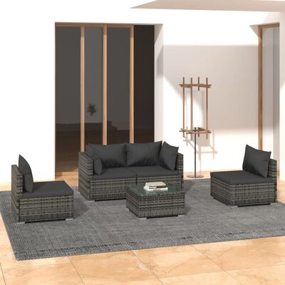 vidaXL 5 Piece Garden Lounge Set with Cushions Poly Rattan Grey