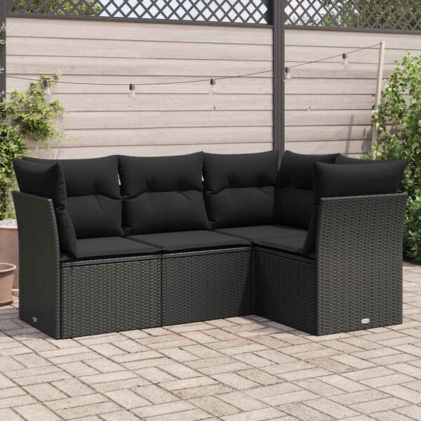 vidaXL 4 Piece Garden Sofa Set with Cushions Black Poly Rattan