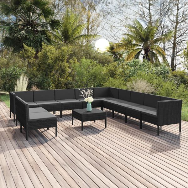 vidaXL 12 Piece Garden Lounge Set with Cushions Poly Rattan Black