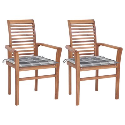 vidaXL Dining Chairs 2 pcs Grey Check Pattern Cushions Solid Teak Wood