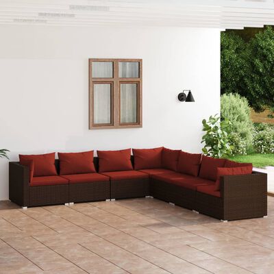 vidaXL 7 Piece Garden Lounge Set with Cushions Poly Rattan Brown