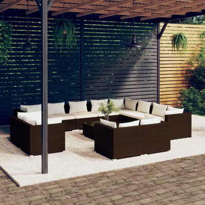 vidaXL 13 Piece Garden Lounge Set with Cushions Brown Poly Rattan