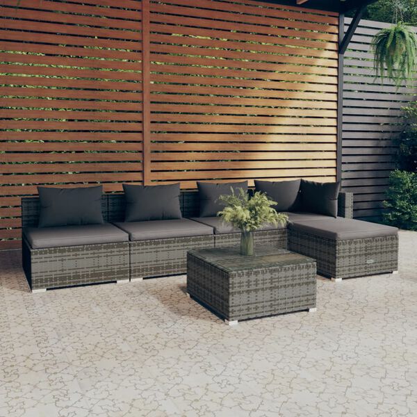 vidaXL 6 Piece Garden Lounge Set with Cushions Poly Rattan Grey