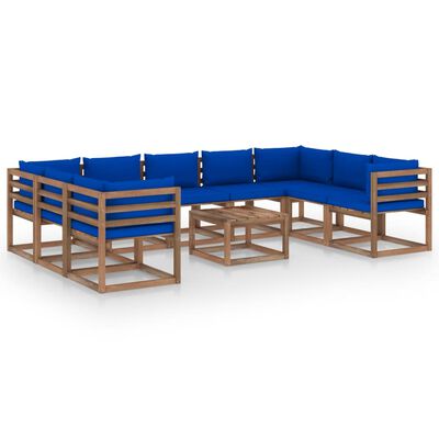 vidaXL 10 Piece Garden Lounge Set with Blue Cushions
