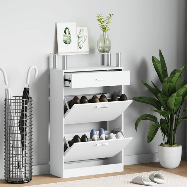 vidaXL Shoe Cabinet with a Drawer and a Top Glass Shelf Wood White