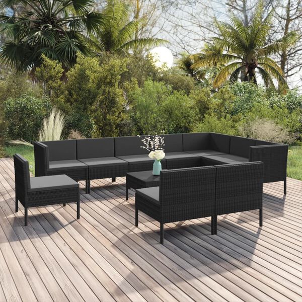 vidaXL 11 Piece Garden Lounge Set with Cushions Poly Rattan Black