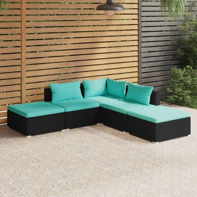 vidaXL 5 Piece Garden Lounge Set with Cushions Poly Rattan Black