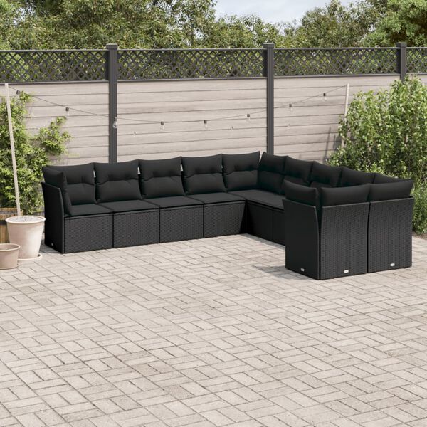 vidaXL 10 Piece Garden Sofa Set with Cushions Black Poly Rattan