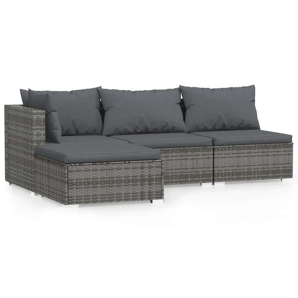 vidaXL 4 Piece Garden Lounge Set with Cushions Grey Poly Rattan
