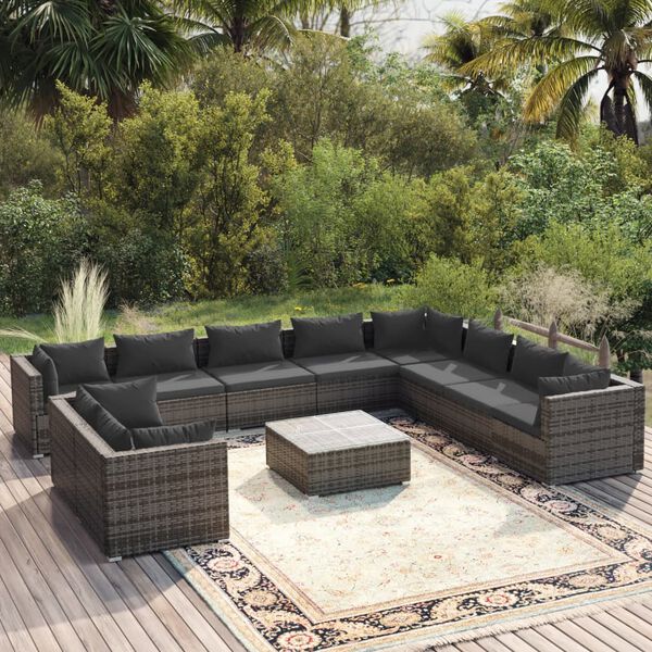 vidaXL 11 Piece Garden Lounge Set with Cushions Grey Poly Rattan