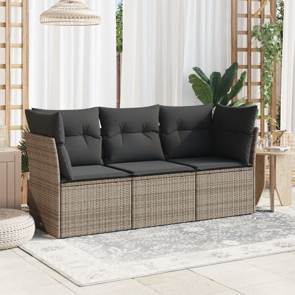 vidaXL 3 Piece Garden Sofa Set with Cushions Grey Poly Rattan