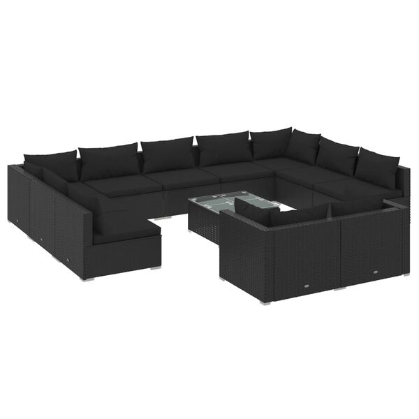 vidaXL 12 Piece Garden Lounge Set with Cushions Black Poly Rattan